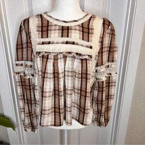 American Eagle Boho Western Brown Plaid Cottage Core Wagon Neutral Top